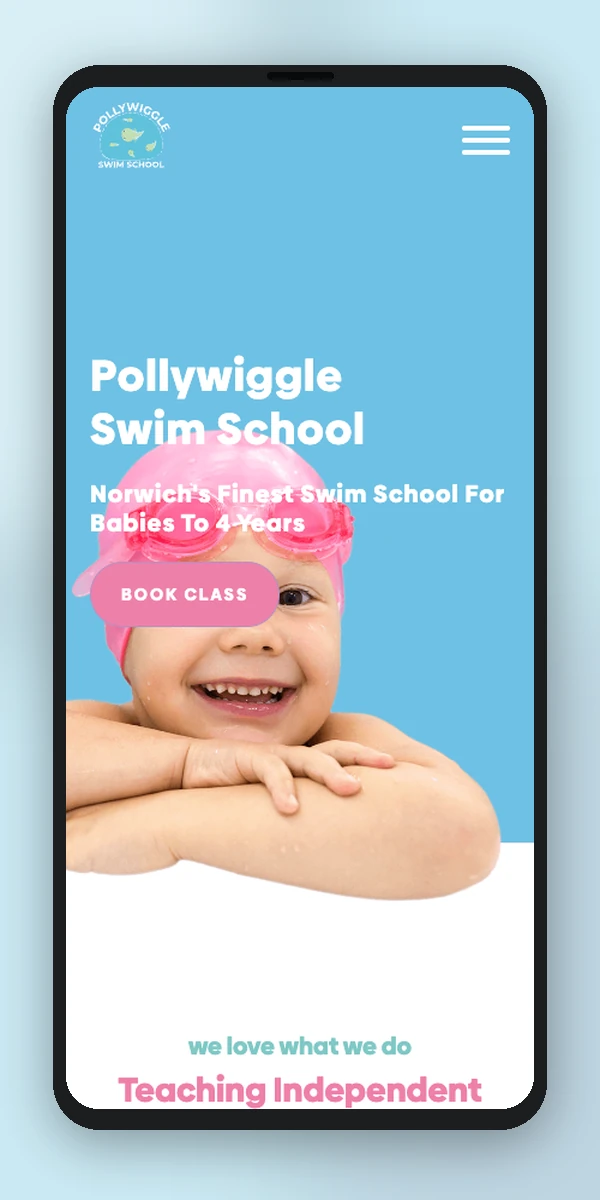 Pollywiggle Swim School website on a phone
