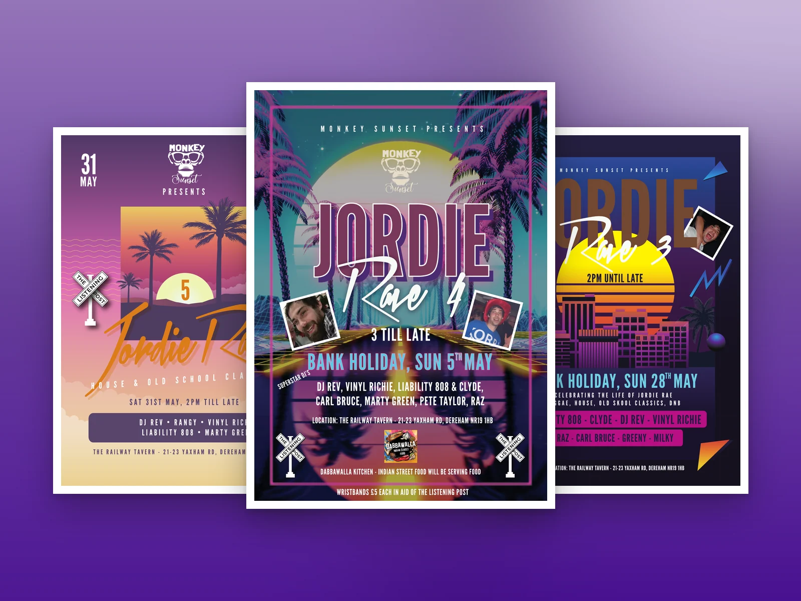 Three Jordie Rave event poster designs