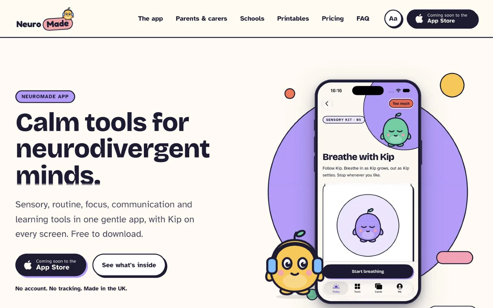 NeuroMade home page on desktop: “Calm tools for neurodivergent minds.” with an iPhone showing the app