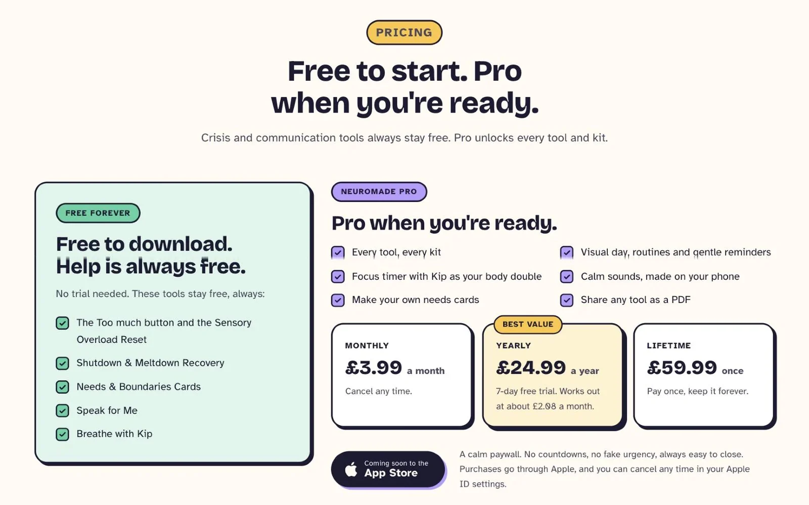 NeuroMade website: Calm, clear pricing